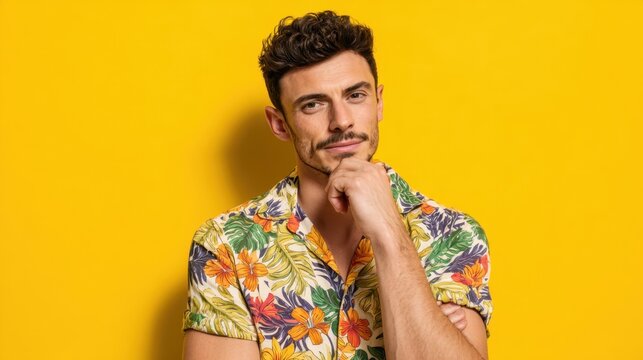 A young man stands confidently with a slight smile thoughtful expression and hand on chin. He wears a colorful floral shirt that adds to the cheerful atmosphere of the scene.