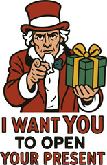 Cartoon Uncle Sam in a red coat holding a wrapped gift box, pointing at the viewer with a serious expression and top hat