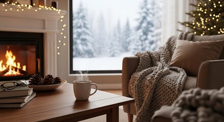 Cozy room interior with steaming cup and crackling fireplace, looking out at a snowy winter forest. Relaxing holiday home scene for Christmas or New Year.