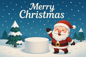 Merry Christmas greeting card with Santa Claus and snowy podium display festive winter landscape