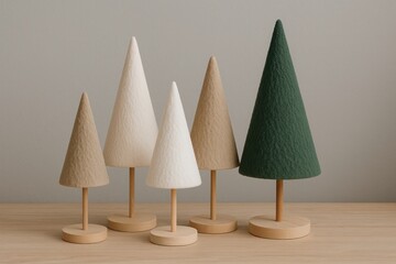 Modern Nordic Christmas decor with beige white and green trees on wooden stand in minimalist boho style