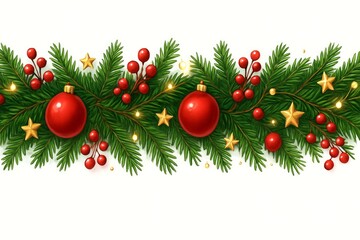 Seamless Christmas garland border with fir branches red balls berries and gold star lights isolated on white