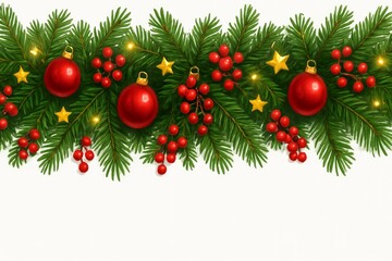Seamless Christmas garland border with fir branches red balls berries and gold star lights isolated on white