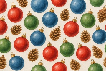 Seamless watercolor pattern of Christmas balls and pinecones forming festive ornament background