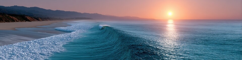 Fototapeta premium landscape photography, chic, minimalistic banner with a california beach sunrise, distant surfers and waves, pastel colors, and fine mist ideal for a premium tourism website header, exuding a serene