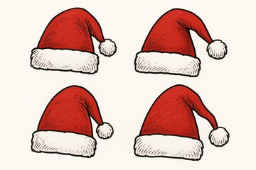 Set of simple red Santa hats hand drawn and isolated on white background
