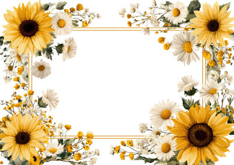 Floral frame of sunflowers and daisies.  A rectangular black background is framed by a gold border of sunflowers, daisies, and small,  yellow/white filler flowers