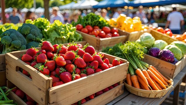 Vibrant display of fresh strawberries and vegetables at a bustling farmer's market - Powered by Adobe