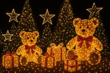 Sparkling illuminated Christmas decorations with trees stars teddy bears and gift boxes