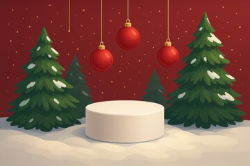 Vector Christmas background with snowy round podium between trees and glass ornaments for product display
