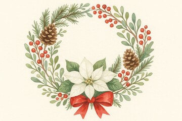 Watercolor Christmas wreath with white poinsettia pinecones berries mistletoe and red ribbon bow