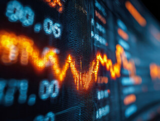 Illuminated digital stock market graph with dynamic orange trend line and blurred financial data on a high-resolution electronic display screen