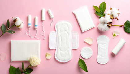 Natural feminine hygiene products with cotton, leaves, and rose petals on a soft pink background.