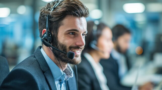 A man wearing a headset is smiling while talking on the phone. He is surrounded by other people in suits, all of whom are also wearing headsets. The atmosphere seems to be professional and focused