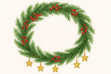 Handdrawn watercolor wreath of green fir red berries and gold stars isolated on white background
