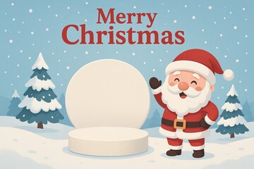 Merry Christmas greeting card with Santa Claus and snowy podium display festive winter landscape