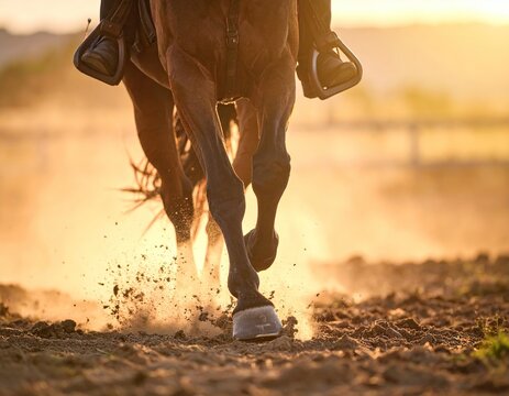 Energetic horse and rider kicking up golden dust during a powerful gallop at sunset - Powered by Adobe