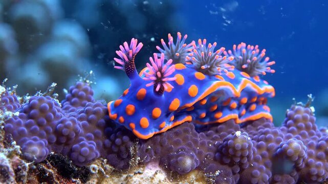 Vivid nudibranch blue with orange spots atop textured purple coral in a clear aquatic setting Pink  grey gills adorn the sea slug