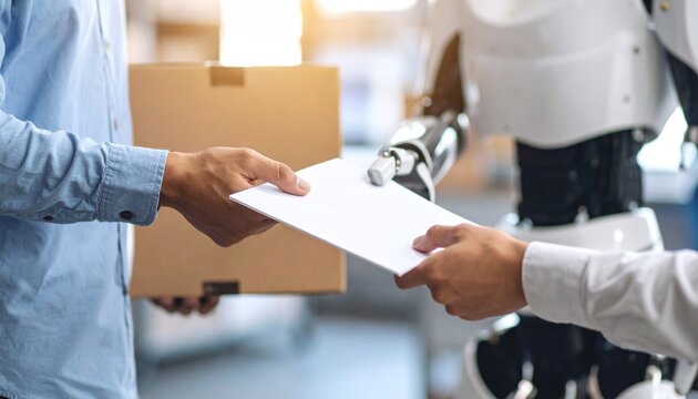 Man receives document from advanced robot in a modern logistics or office setting