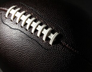 Close-up of american football with prominent white laces and textured leather surface