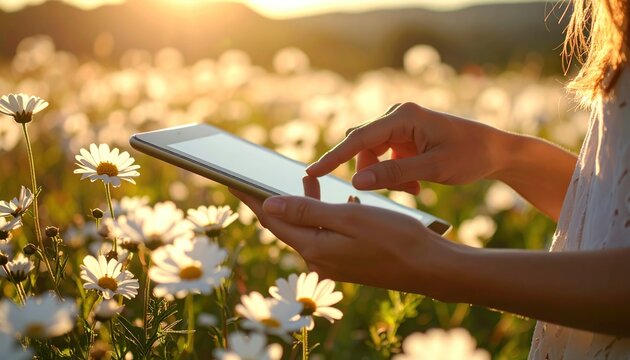 Woman's hands using a digital tablet enjoying a peaceful sunset in a daisy field