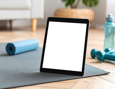 Tablet mockup on yoga mat for online home workout with fitness equipment