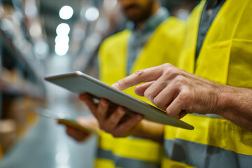Workers wearing reflective safety vests using digital tablets for inventory management and quality control in a modern warehouse setting with blurred background ligh