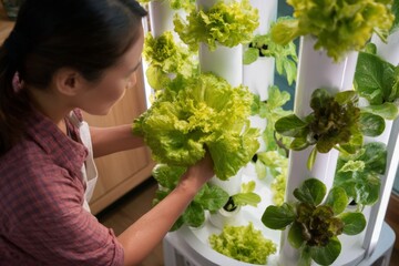 Asian woman tending indoor hydroponic garden system, growing fresh lettuce for healthy eating and sustainable living