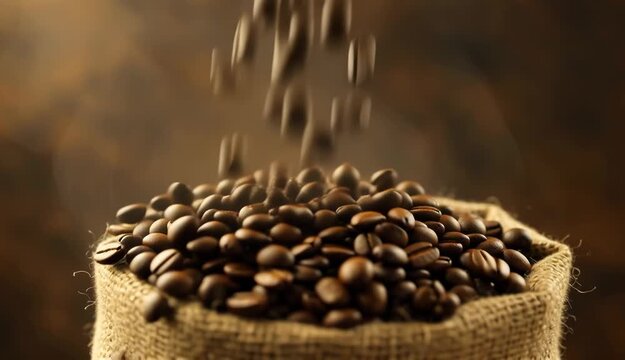 Roasted coffee beans falling into a burlap sack, symbolizing the process of coffee production, aroma, and the morning beverage