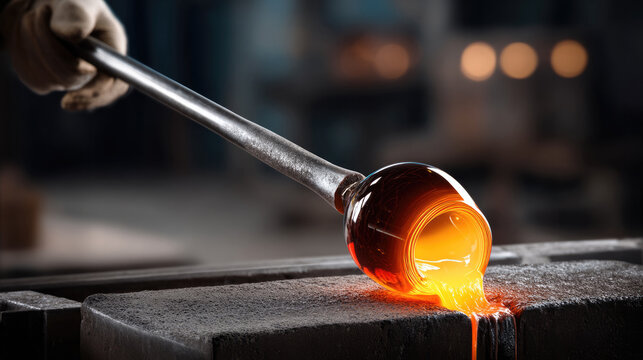 Molten glass flowing from metal pipe onto workbench, glowing orange in glassblowing studio, creative craftsmanship process
