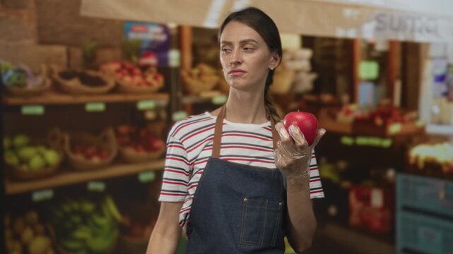 Woman holding apple in market building wearing striped shirt and apron with plastic glove, offering produce at stall; local service skepticism.