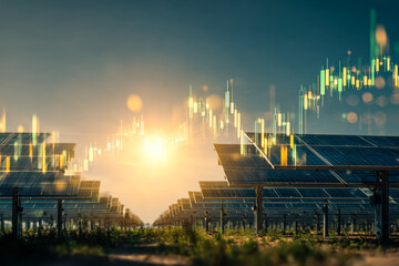 Solar farm with digital financial graphs illustrating renewable energy investments