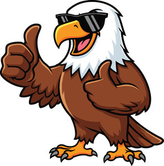 Cartoon bald eagle character, thumbs up pose, patriotic symbol, cool sunglasses, confident expression, vector art, American mascot illustration