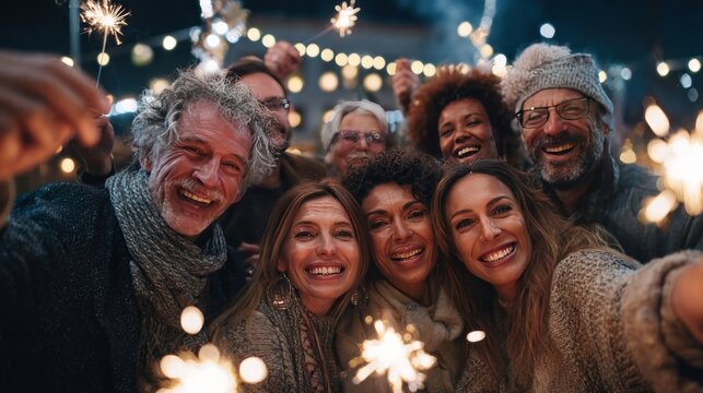 Group of people having fun celebrating together at New Yeara??s Eve or birthday with sparklers and fireworks outdoors in the evening; family and friends of different ages celebrating together