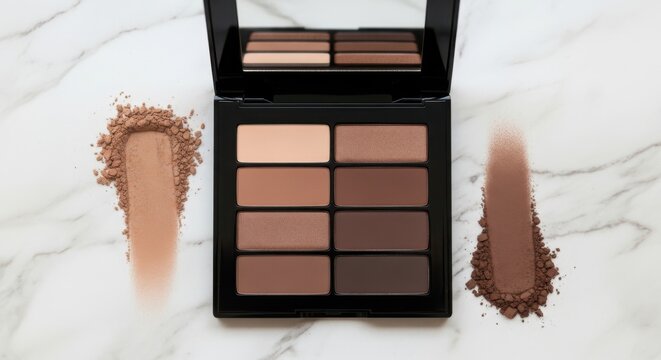 Neutral eyeshadow palette with swatches on marble surface for makeup inspiration