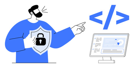 Man with secure shield explains code functionality on a computer screen. Ideal for cybersecurity, programming, online safety, web development, coding education, software, simple flat metaphor