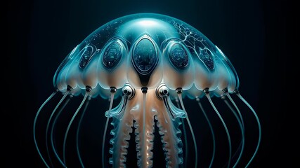 A futuristic cybernetic organism, this glowing robotic jellyfish cyborg, swims in the dark deep sea abyss in a seamless loop animation. - Powered by Adobe