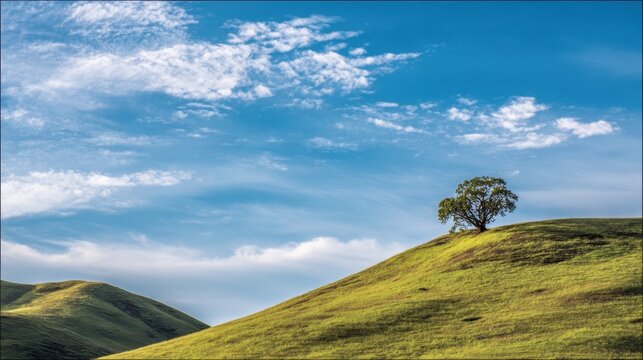 A tree is standing on a hill in a grassy field. The sky is blue and there are some clouds. The scene is peaceful and serene - Powered by Adobe