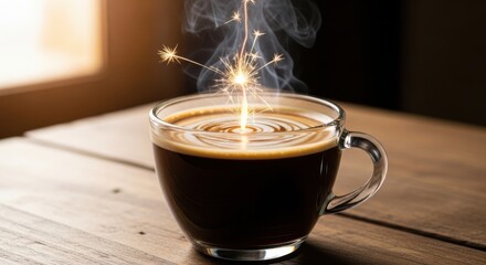 Steaming hot coffee cup with sparkler and smoke on wooden table in warm sunlight