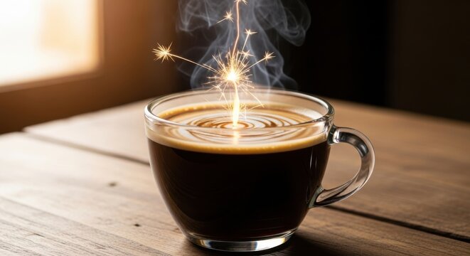 Steaming hot coffee cup with sparkler and smoke on wooden table in warm sunlight