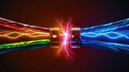 Two glowing network cables facing each other with bright electric sparks between them, representing fast data transmission and powerful digital connection.