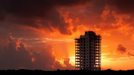 Construction site of modern high-rise building in progress against dramatic sunset sky during golden hour with orange and red clouds