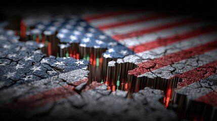 Us economy in crisis with stock market graph, damaged american flag representing recession and devaluation of dollars