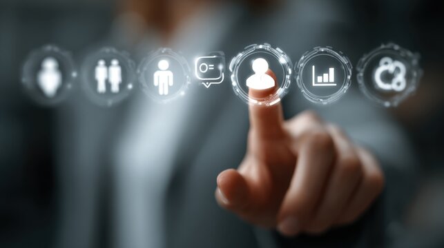 Person taps digital marketing icons on a futuristic interface with data charts, people, and cloud