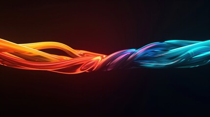 Abstract 3D visualization of intertwined red and blue energy waves merging together, symbolizing power connection, balance, and dynamic motion in a futuristic style.