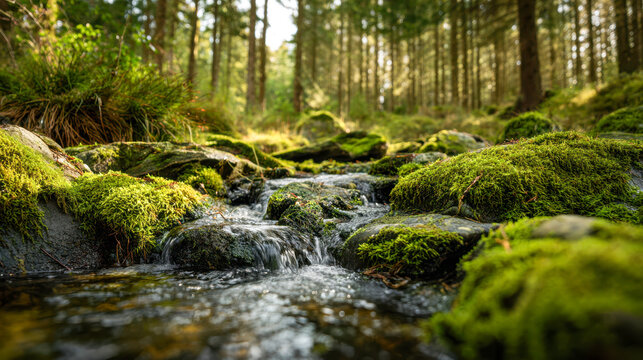 Serene forest creek flowing gently over moss-covered rocks surrounded by tall trees and dappled sunlight in a peaceful natural woodland setting