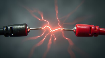 Close-up of red and black cables creating a bright electric spark, symbolizing power connection, energy flow, and electrical current concept.