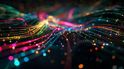 Vibrant multicolored glowing lines represent dynamic data flow, futuristic digital communication, and modern technology background with motion and energy.