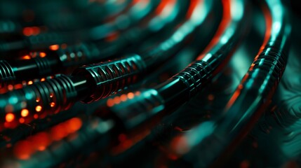 Close-up view of illuminated high-tech cables with glowing orange and teal lights, symbolizing data transmission and modern digital technology.