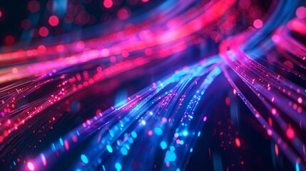 Vibrant pink and blue glowing fiber optic lines visualize rapid data transmission, innovation, and futuristic communication technology background.